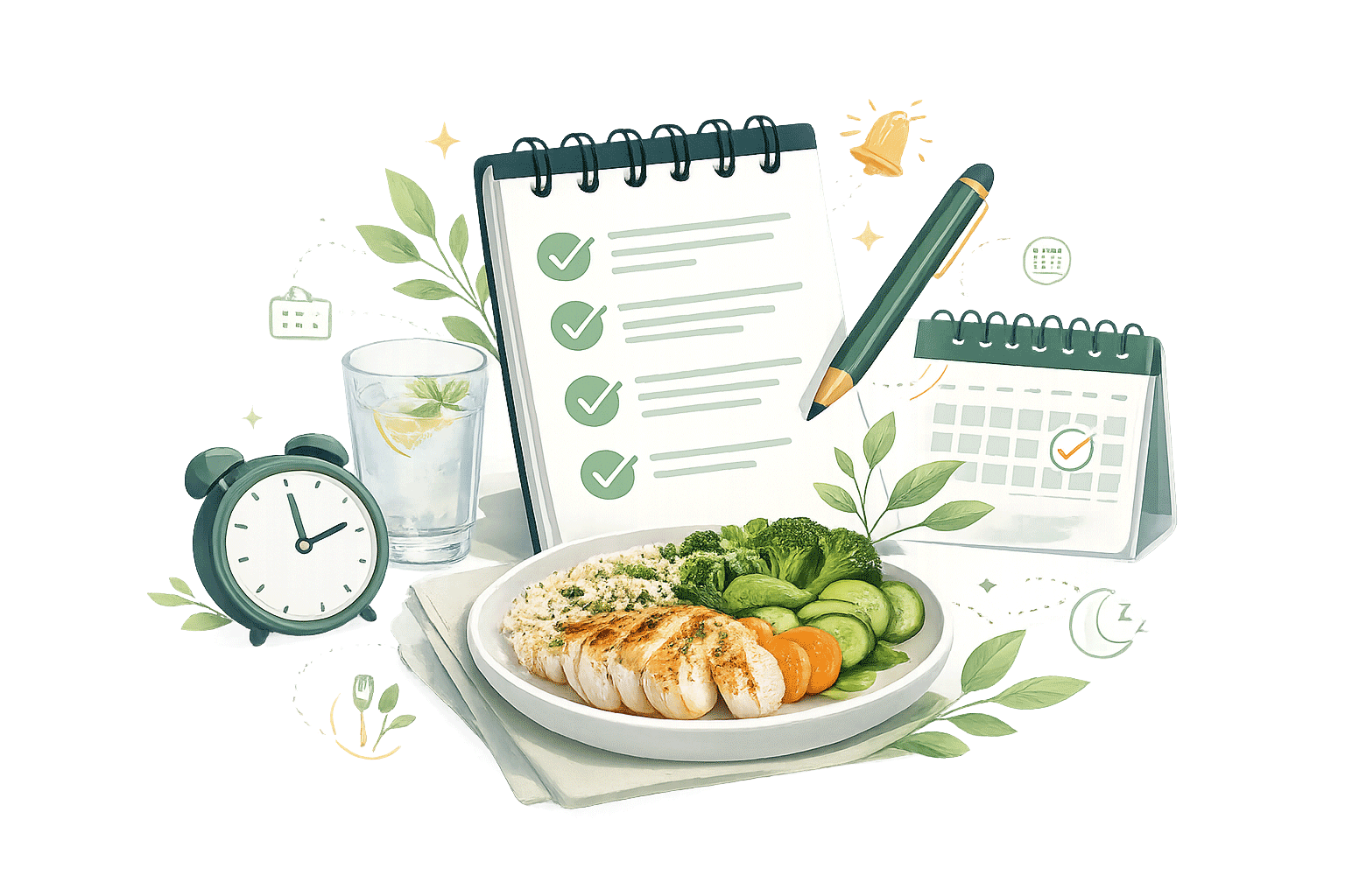 Ilustração sobre rotina, alimentação leve e organização de hábitos do dia a dia